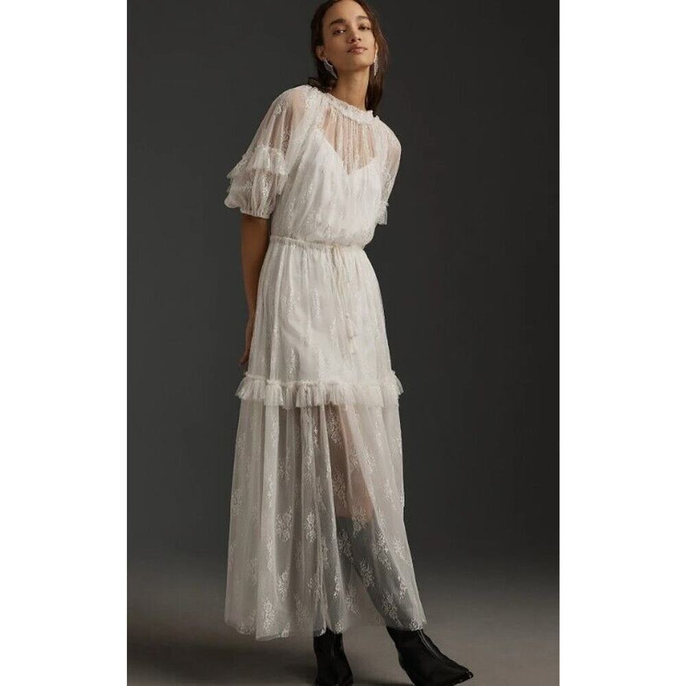 Anthropologie Lace Dress XS Let Me Be Ivory Maxi Slip Lined Romantic Petite NEW